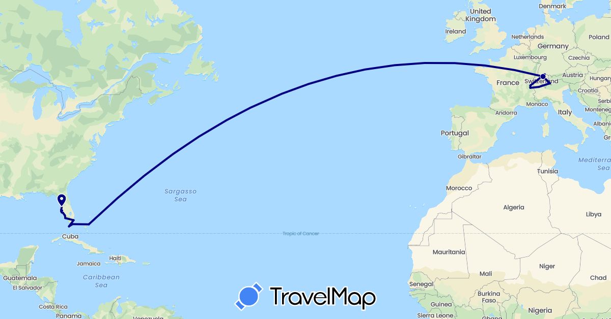 TravelMap itinerary: driving in Bahamas, Switzerland, France, United States (Europe, North America)